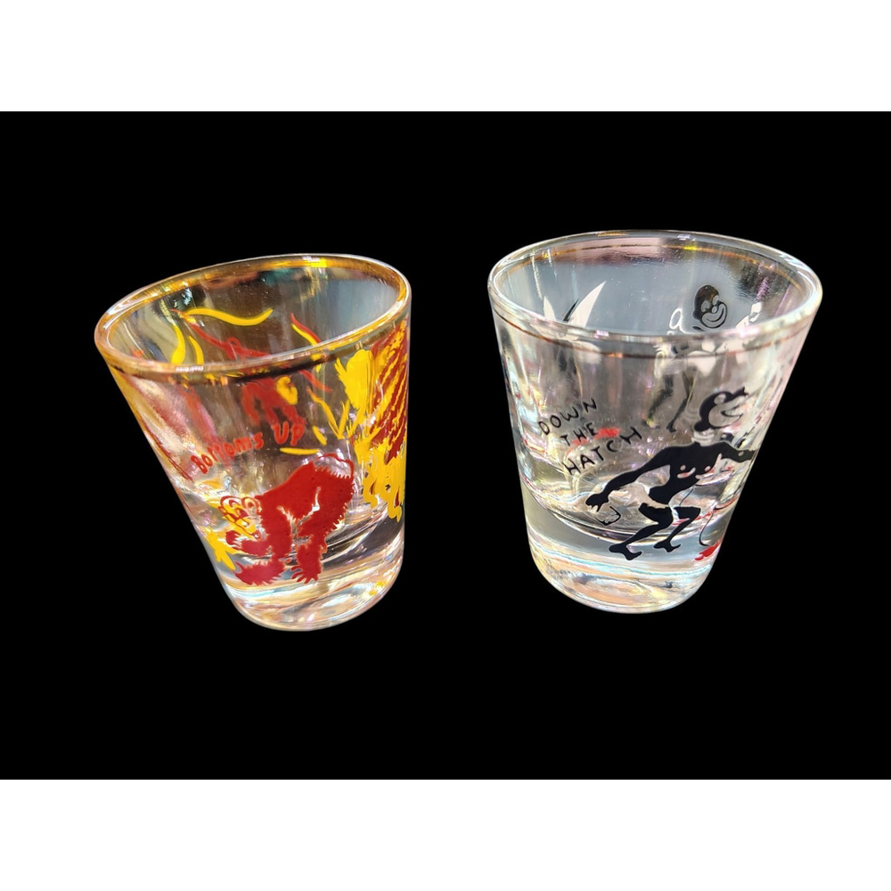 Vintage Bottoms Up & Down The Hatch Retro shot glasses bar barware MCM